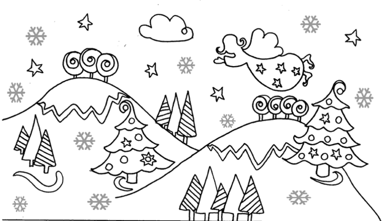 Disegni di Babbo Natale da colorare, collina con alberi, angelo con stelle che vola