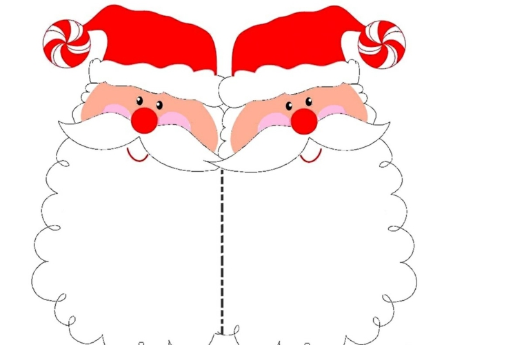 Babbo Natale con barba, cappello natalizio rosso, biglietti di Natale da colorare