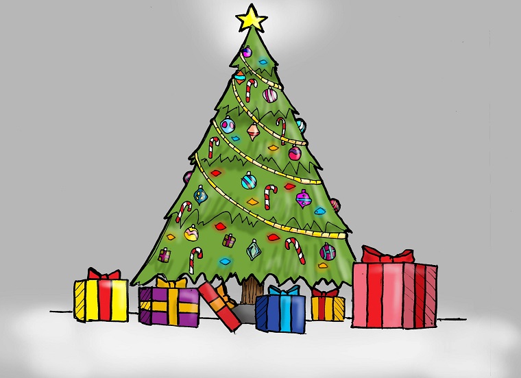 Immagini natalizi da colorare, albero verde con addobbi, regali natalizi sotto l'albero