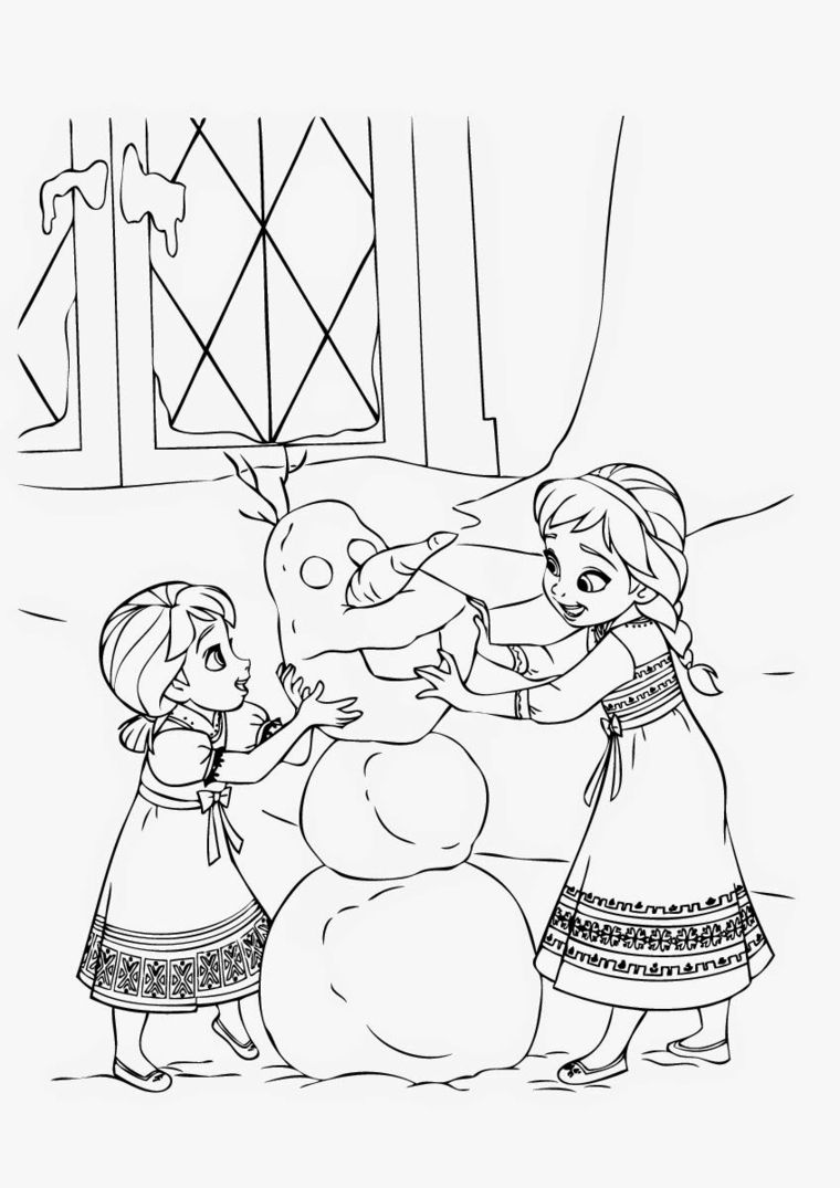 Elsa e Anna che giocano con Olaf, lavoretti di Natale, disegno a matita da colorare