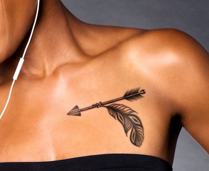 Idea per dei tatuaggi significativi per donna, disegno tattoo di una freccia con piuma