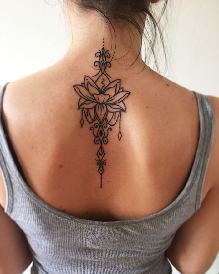 Idea per un tatuaggio sulla schiena con tattoo simboli mandala e fiore di loto
