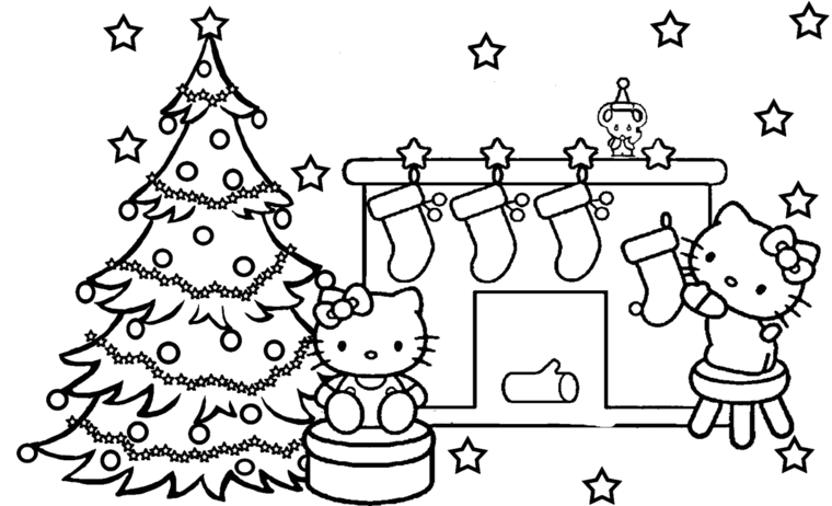 Camino con calze natalizie, disegni di Natale da colorare, albero natalizio con addobbi