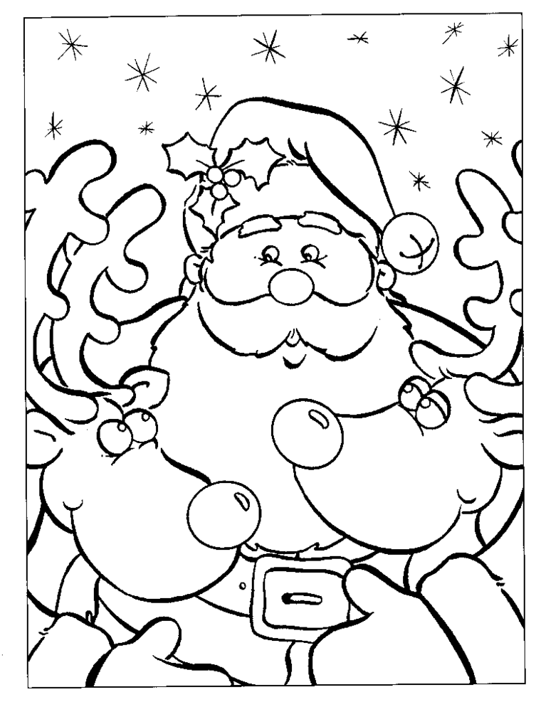 Renna da colorare, Babbo Natale con barba, cappello con stelle intorno