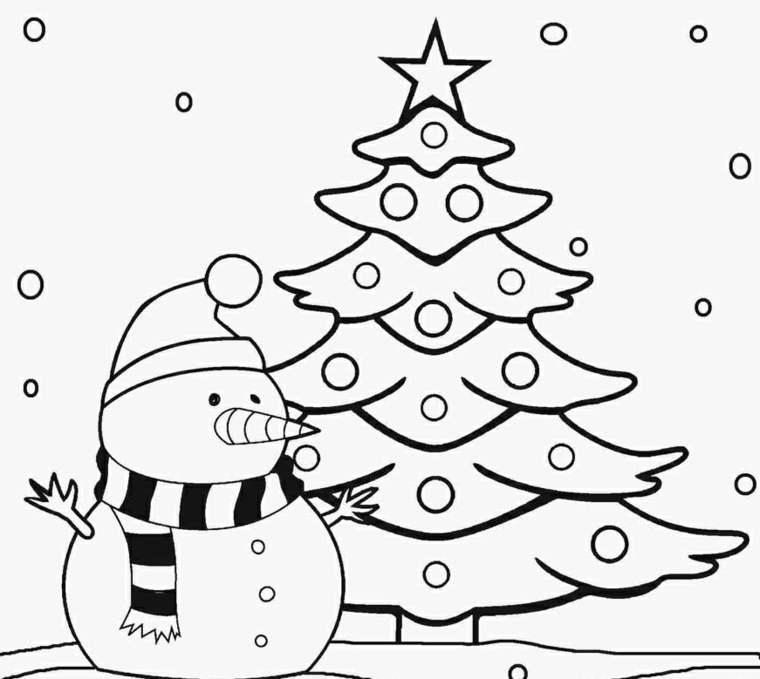 Disegni di Natale da colorare, albero addobbato con palline, pupazzo di neve con sciarpa