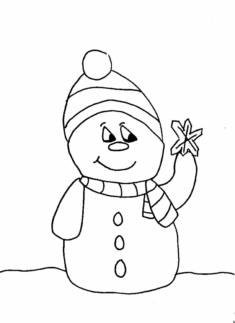 Disegni da stampare, pupazzo di neve con cappello, fiocco di neve in mano