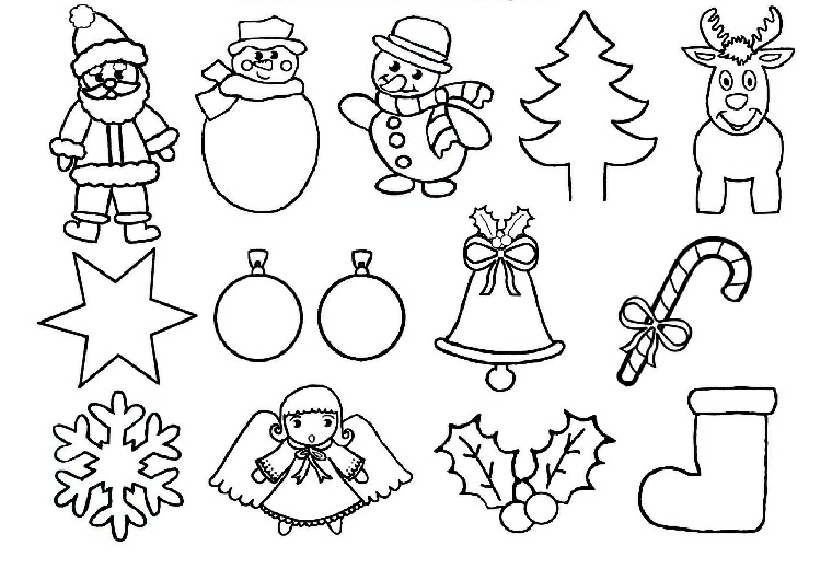 Disegni da copiare, Babbo Natale e pupazzi di neve, ornamenti natalizi da colorare 