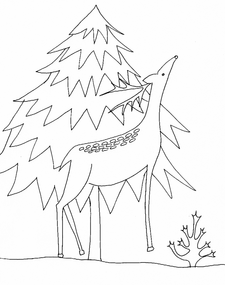 Albero e renna, immagini natalizie da colorare, disegno a matita 
