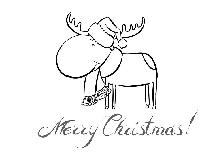 Biglietti di Natale da colorare, una renna con cappello, scritta in inglese Merry Christmas