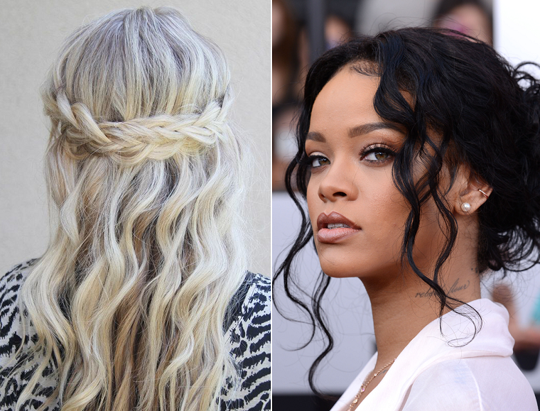 Piega capelli lunghi effetto mosso, la cantante Rihanna con uno chignon e ricci morbidi