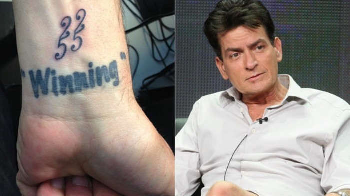 Tattoo particolari, tatuaggio con numeri e scritta, l'attore Charlie Sheen 