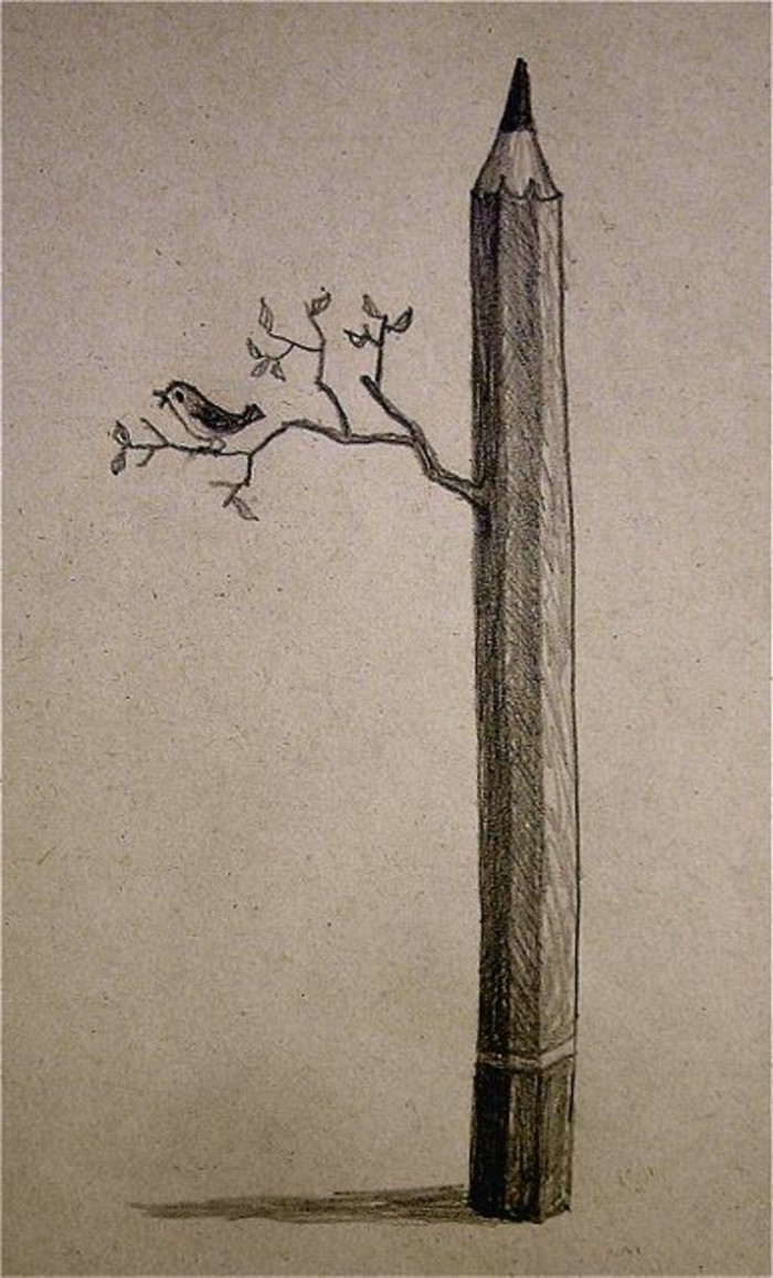 Idea per disegni a matita facili ma belli, ramo di un albero con uccello, matita con punta