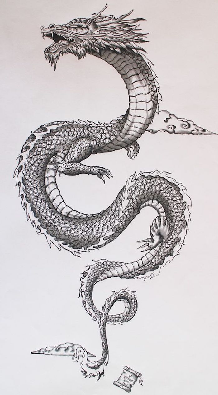 Disegno di un drago, tatuaggi significativi famiglia, disegno a matita