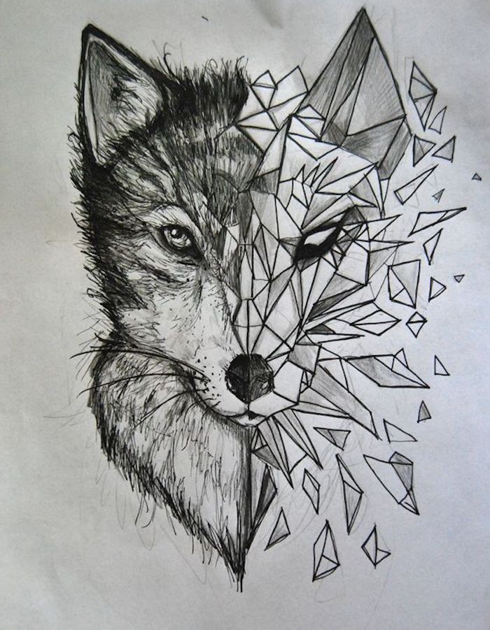 Tatuaggi femminili eleganti, viso di un lupo, disegno forme geometriche