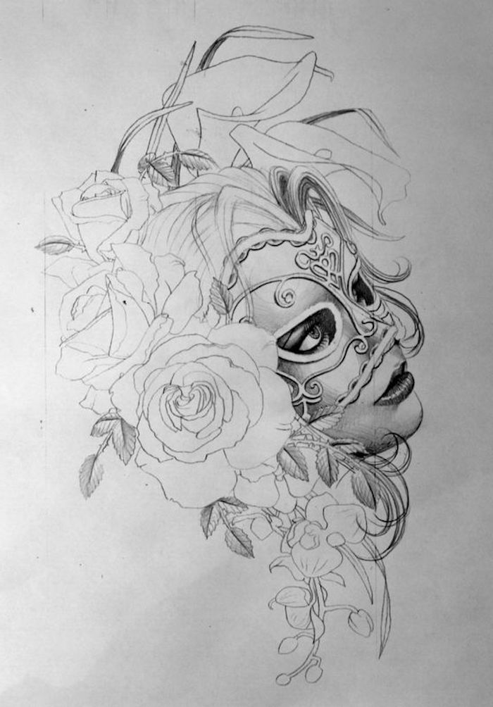 Tatuaggi significativi famiglia, disegno di una maschera, disegno a matita di rose