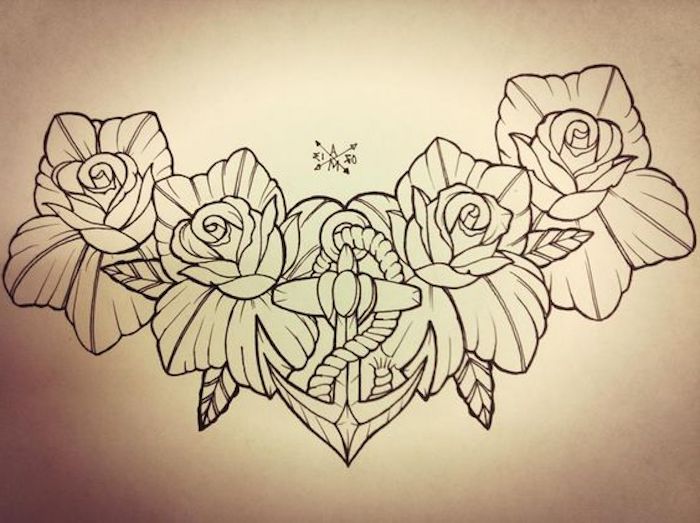 Simboli tattoo, disegno a matita di rose, idea per un tatuaggio donna
