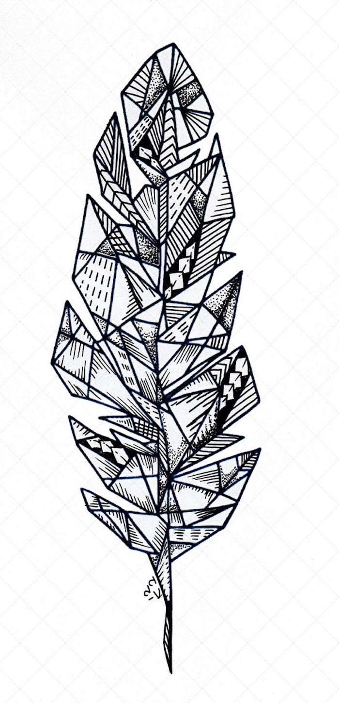 Simboli tattoo, disegno di una piuma, disegno di forme geometriche