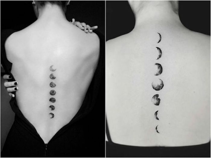 Simboli tattoo, tatuaggio delle fasi della luna, tatuaggio sulla schiena di una donna