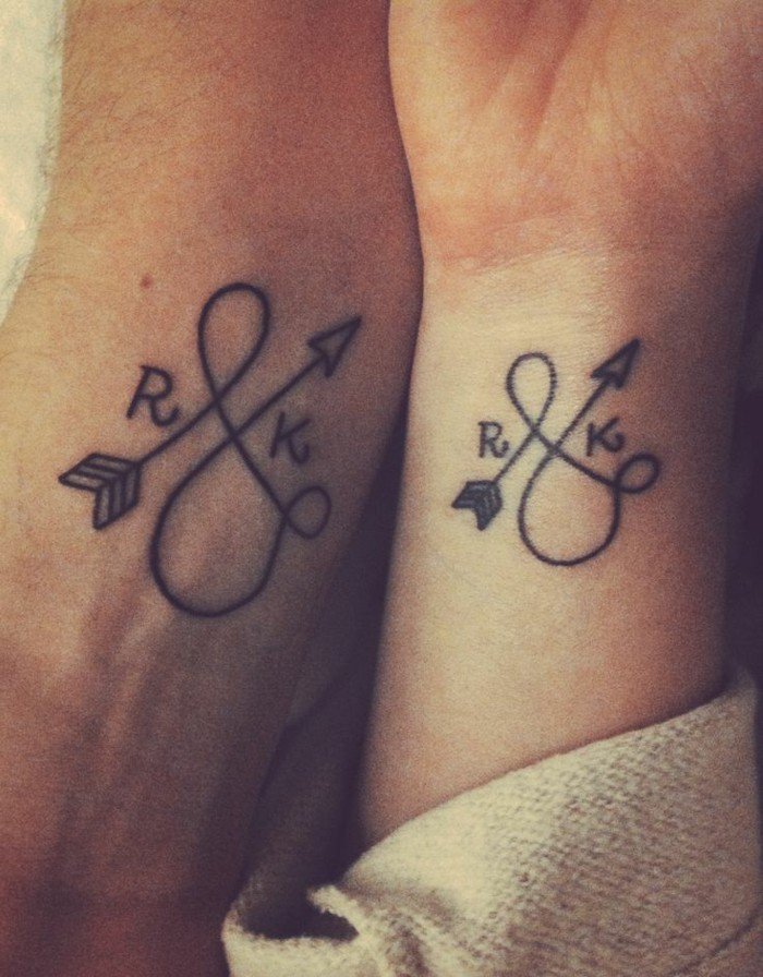 Tatuaggio di coppia, simbolo freccia con le lettere iniziali, tattoo sul polso della mano