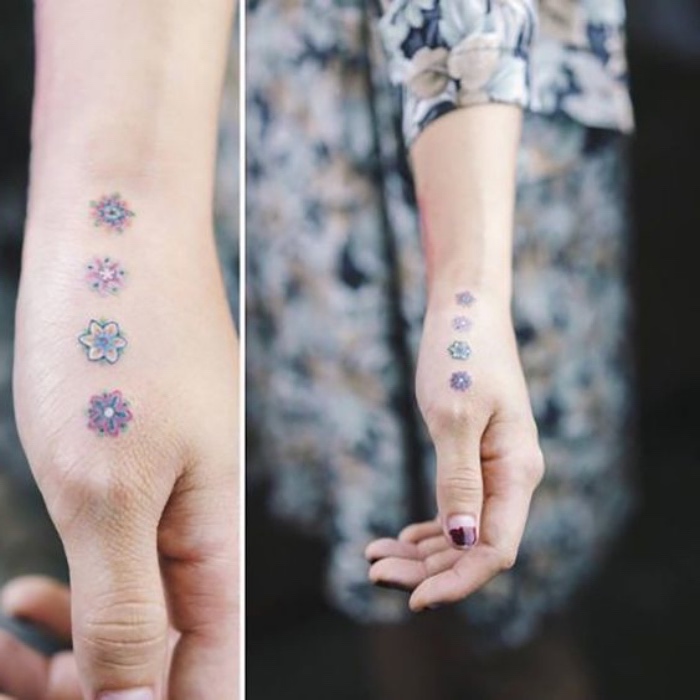 Tattoo floreale, tatuaggio sul polso, donna con camicia colorata