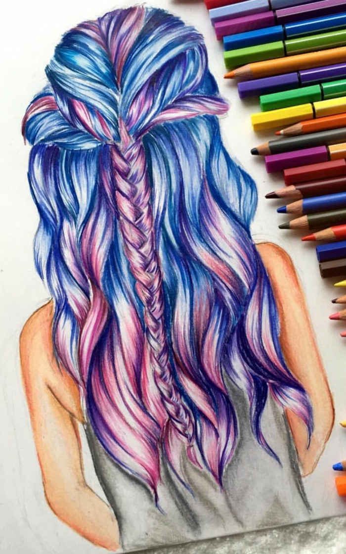 Capelli colorati, disegno con matite colate, acconciatura con treccia