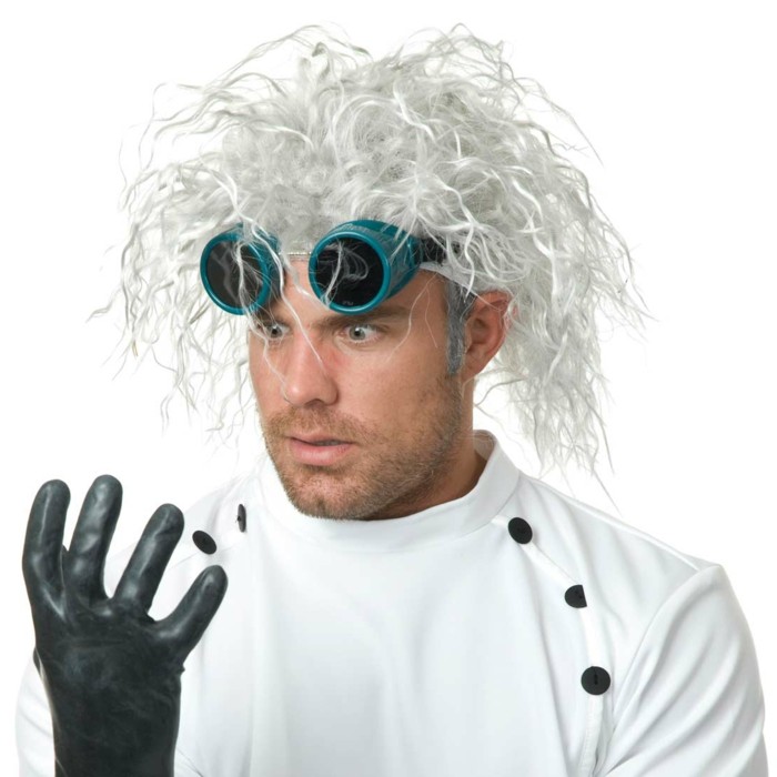 Travestimento uomo per Halloween, parrucca bianca con occhiali, guanto nero di gomma