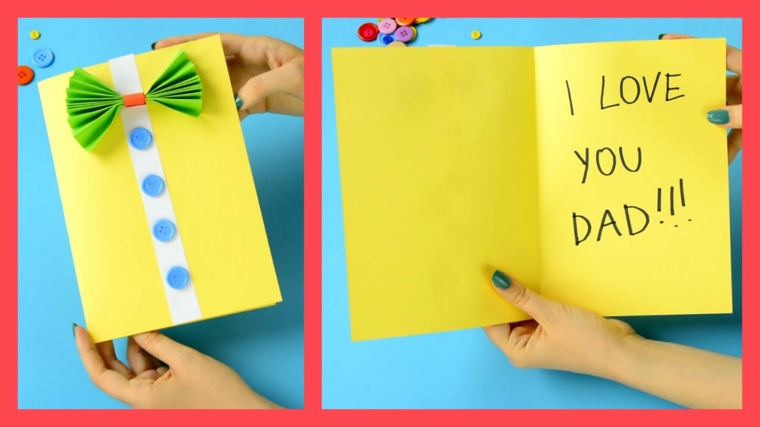 Cartolina di colore giallo, scritta con pennarello, regalo per il papà