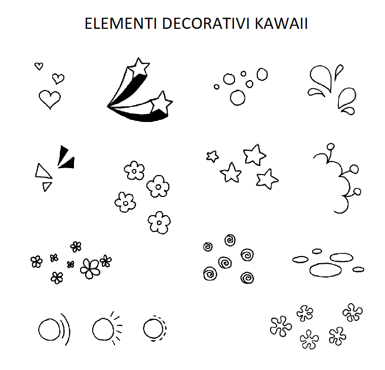 Immagini kawaii, disegni di fiorellini, elementi da colorare, disegno di stella cadente