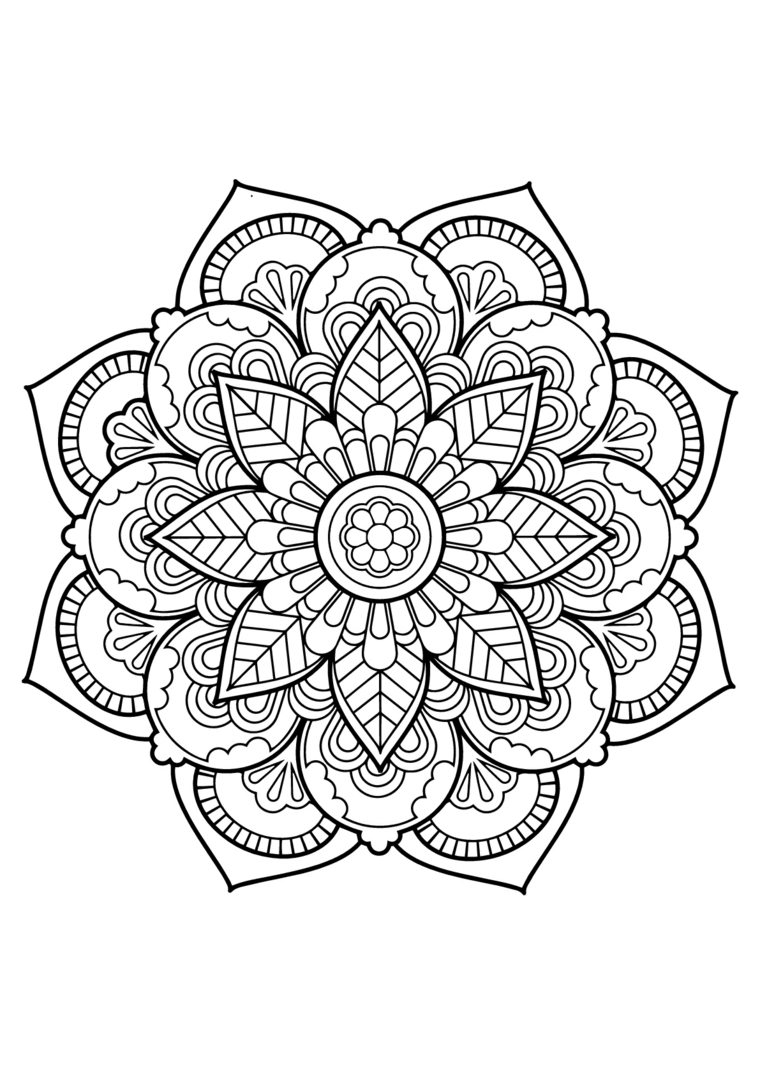 Disegno di un mandala, schizzo da colorare, cerchio con fiori