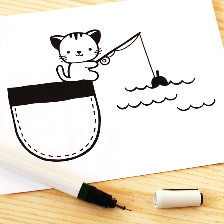 Disegni kawaii, disegno con pennarello nero, disegno di un gattino che pesca