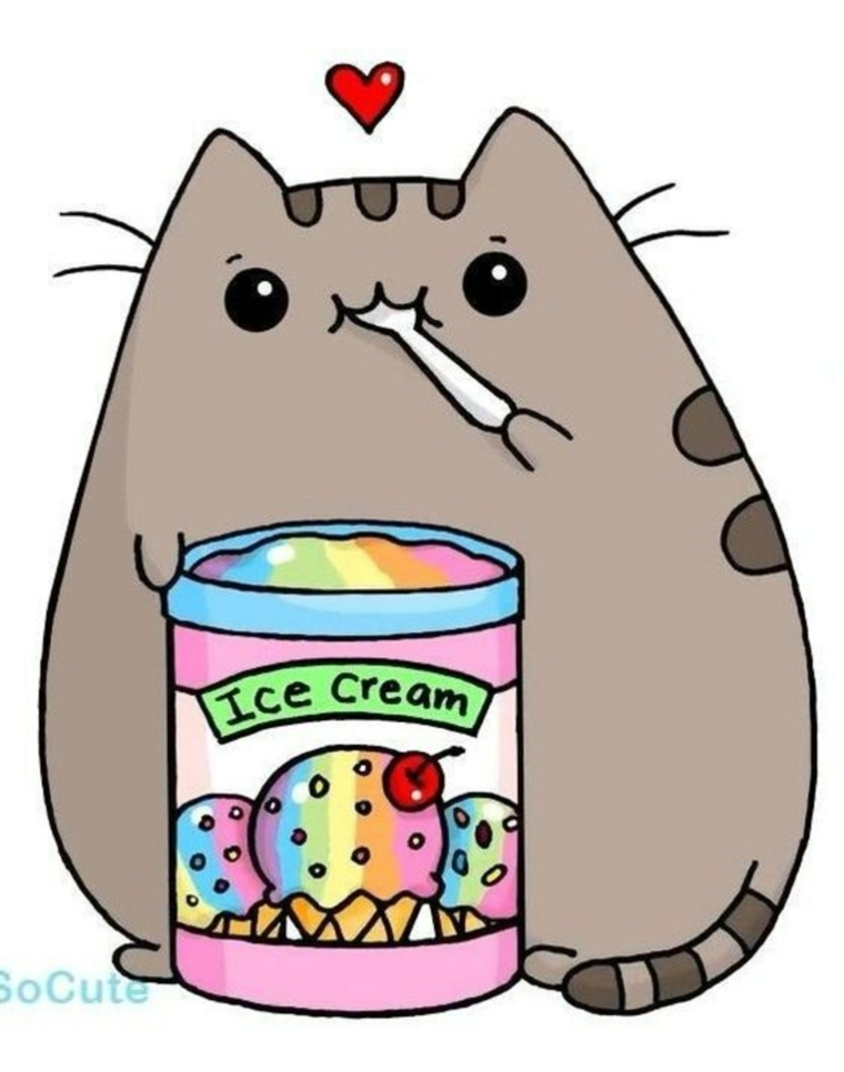 Gatto che magia gelato, disegno colorato, disegni facili da copiare, scatola di gelato