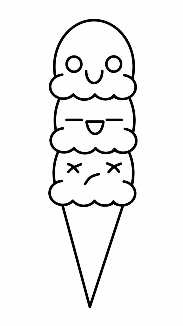 Disegni kawaii, disegno di un gelato cono, cono con tre palline, schizzo da colorare