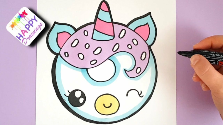 Disegno di un unicorno kawaii, disegno da colorare con pennarelli, disegni per bambini