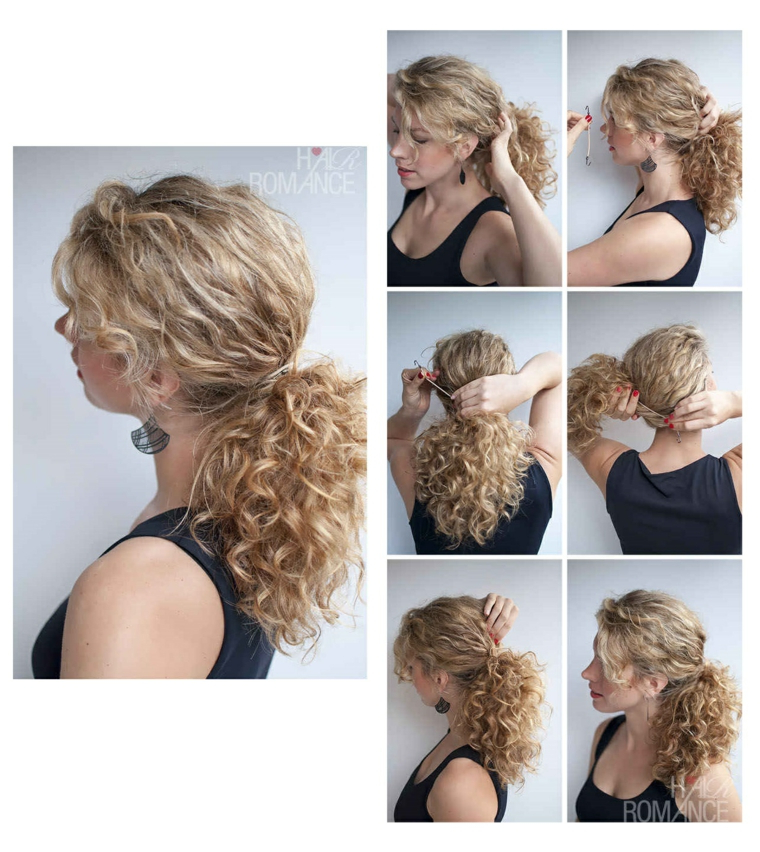 Capelli lunghi e biondi, donna con capelli ricci, acconciature facili da fare da soli, coda con elastico