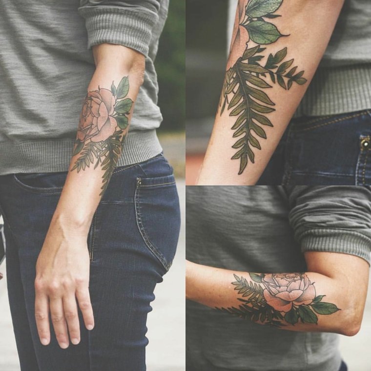 Donna con tattoo sull'avambraccio, tatuaggio di fiori, tattoo old school braccio