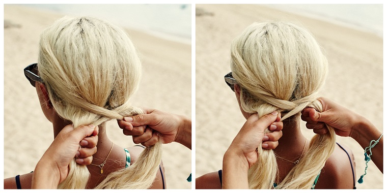 Tutorial per fare una treccia, acconciature capelli lunghi raccolti, spiaggia con sabbia 
