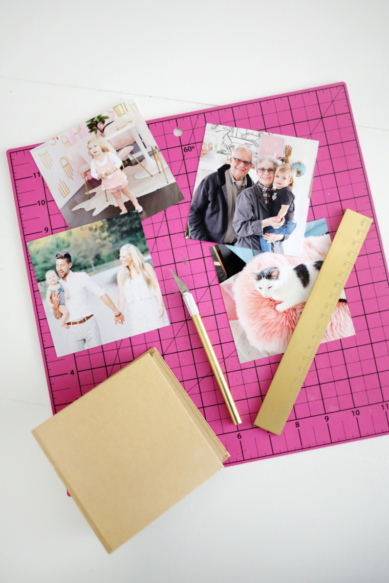 Cartoncino di forma quadrata, foto di famiglia, album di foto fai da te, cutter e righello
