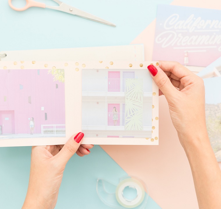 Come creare un album fotografico cartaceo, incollare foto, pagina con buchi di colore rosa
