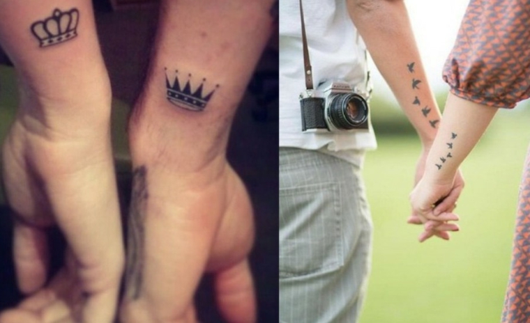 Tatuaggi rondini braccio, disegno tattoo corona, donna e uomo con mani unite