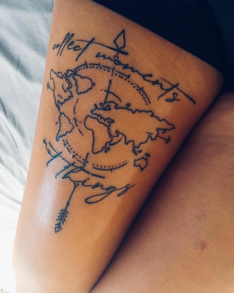 Tipi di tatuaggi, disegno tattoo continenti, tatuaggio coscia donna, tatuaggio con scritte
