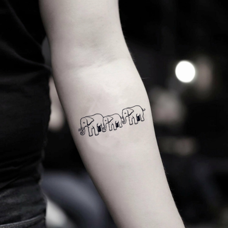 Disegno tattoo elefanti, tatuaggio sull'avambraccio, tatuaggi piccoli donna