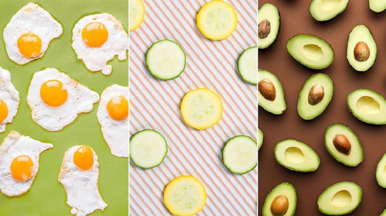 Foto di uova e verdure, zucchine tagliate a fette, avocado tagliato a metà, dieta chetogenica schema