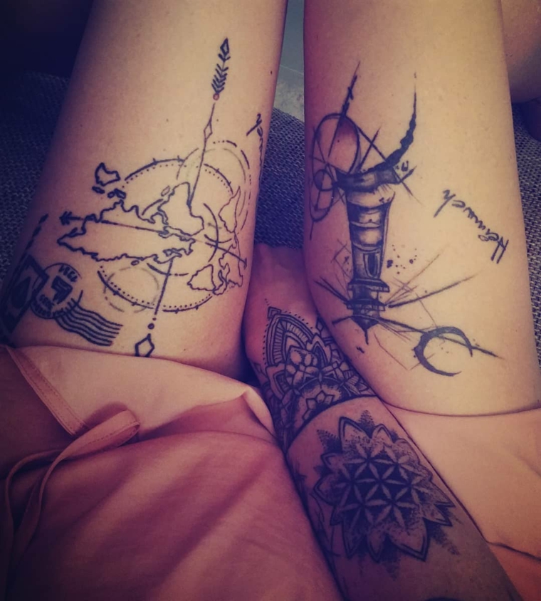 Tatuaggi significato libertà, tatuaggio sulla gamba, tattoo con continenti