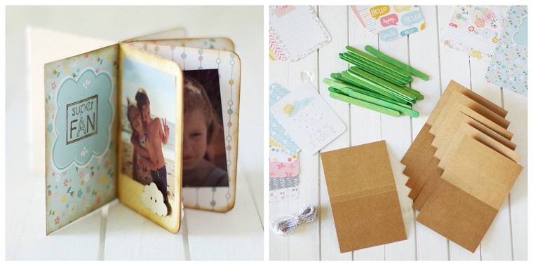 Album fotografici fai da te tutorial, mini album di foto, bastoncini di legno verdi, cartoncini spessi