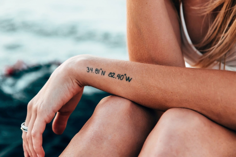 Tatuaggi piccoli dona, tatuaggio sul polso della mano, tattoo coordinate geografiche