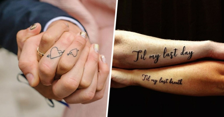 Tatuaggi da fare in coppia, tatuaggio cuore con freccia, scritta tattoo sull'avambraccio