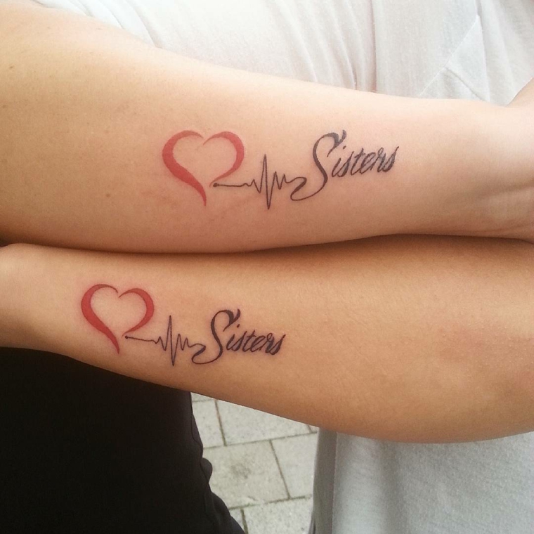 Tatuaggi piccoli donna, tattoo sull'avambraccio, tatuaggio per sorelle, disegno cuore rosso