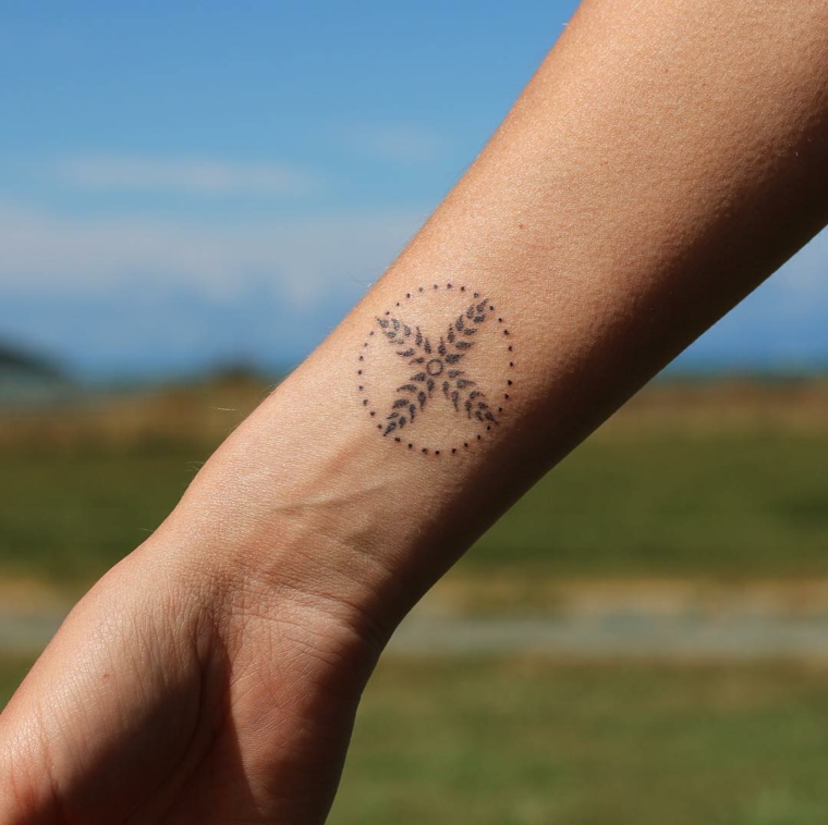 Tatuaggio dedicato alla famiglia, tattoo sul polso, disegno cerchio con puntini
