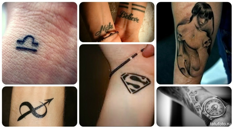 Tatuaggi piccoli uomo, tattoo sul polso della mano, disegno con simboli e scritte