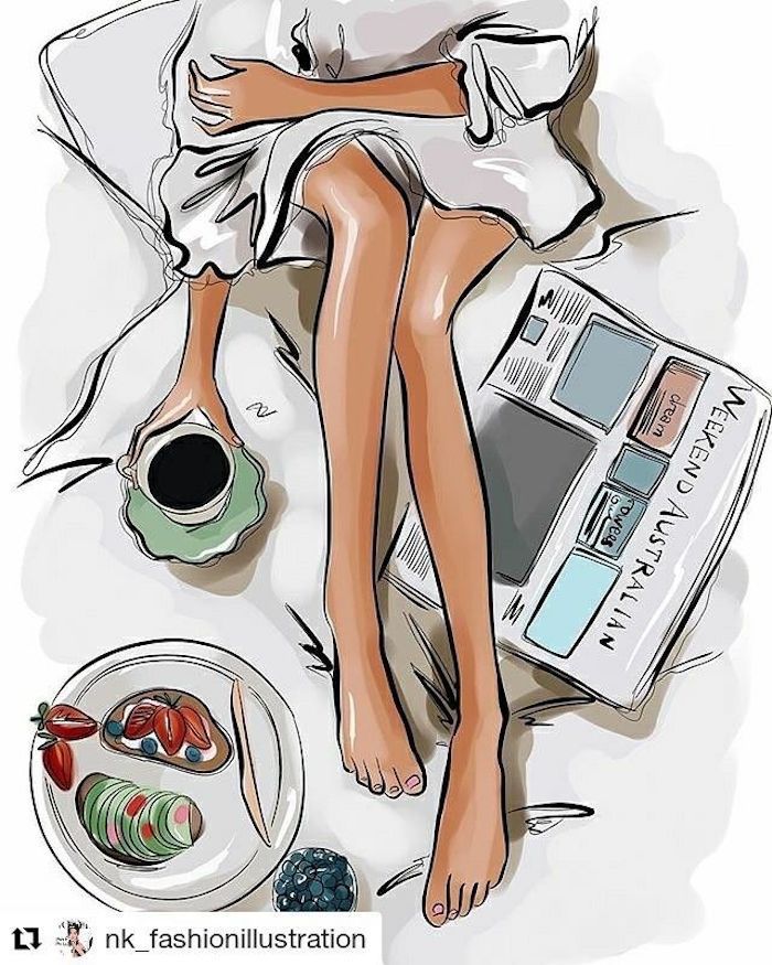 Immagine da Instagram, disegno di una ragazza, colazione a letto, disegna e colora